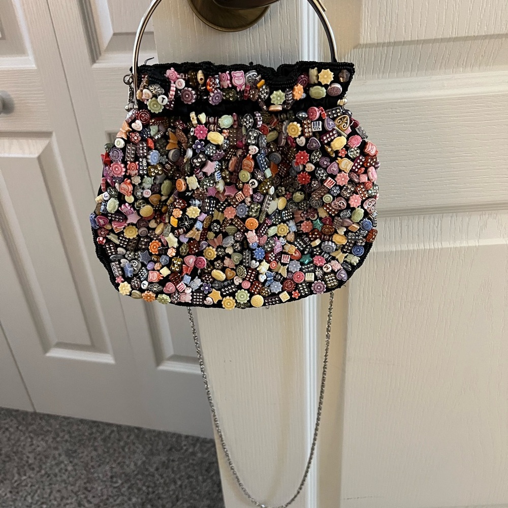 Sale! Beaded Multicolor Black Satin Evening Bag w/ Chain Strap—great condition!